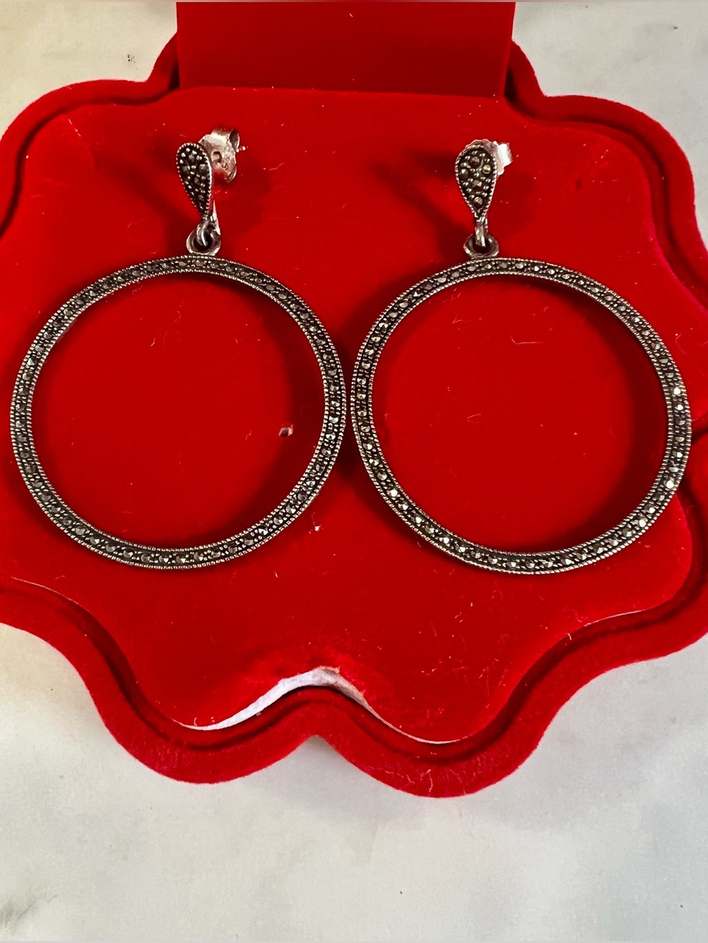 Vintage 925 Sterling Silver Marcasite Hoop Dangle Earrings Signed CA Thailand